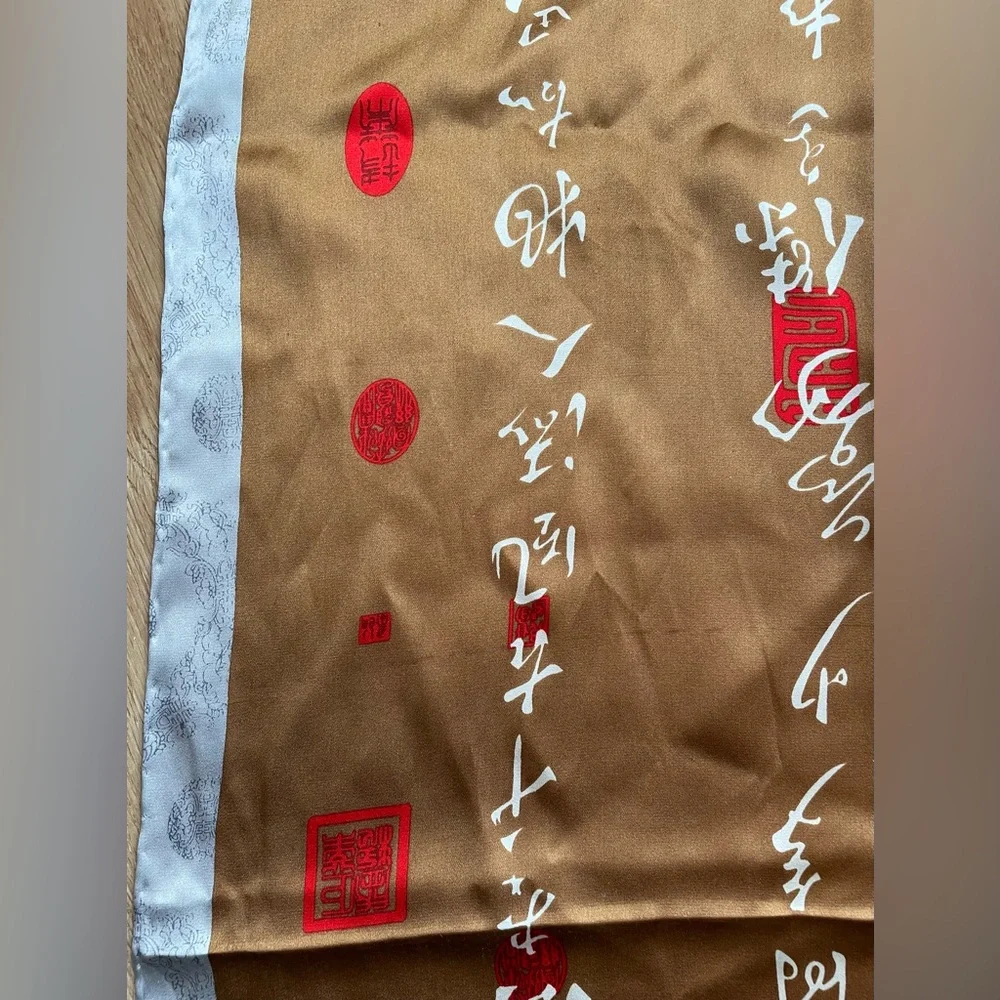 Vintage 100% Silk Oriental Asian Hand Rolled Scarf brown silver large rectangle